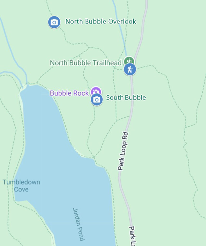 Map showing the location of Bubble Rock on South Bubble near Jordan Pond in Acadia National Park