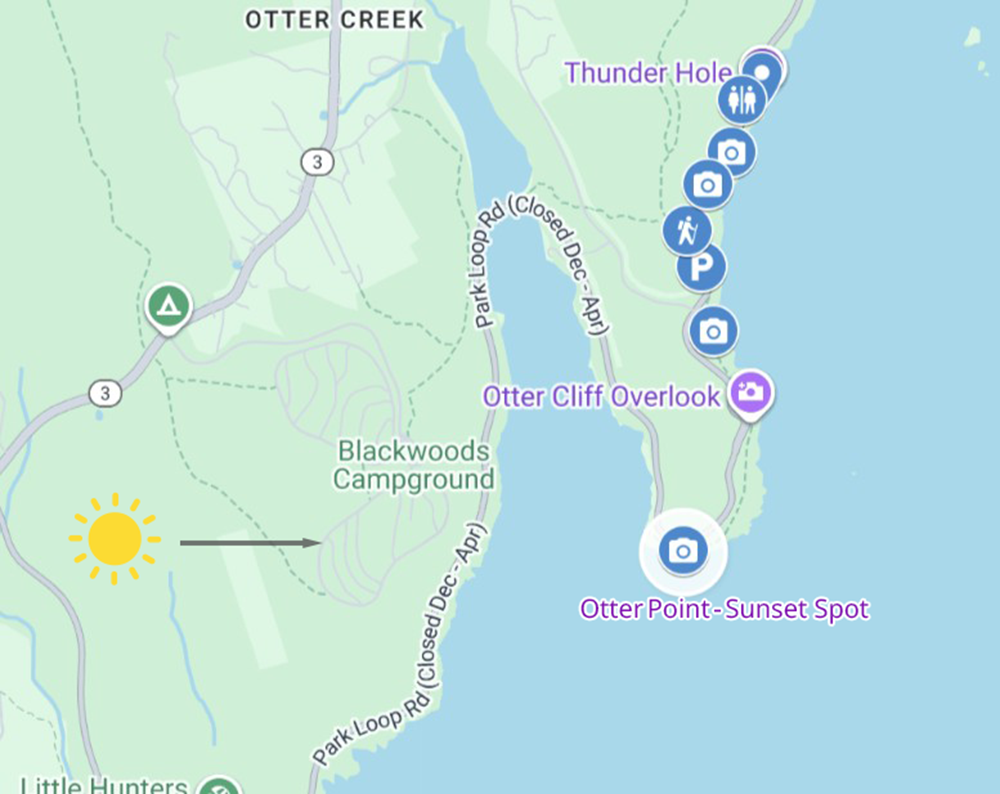 Map showing Otter Point sunset location near Otter Cliff along Park Loop Road in Acadia National Park
